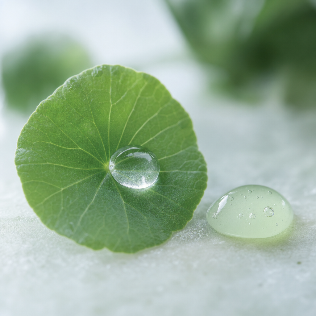 水滴をのせたツボクサ(Centella)の葉のマクロ撮影