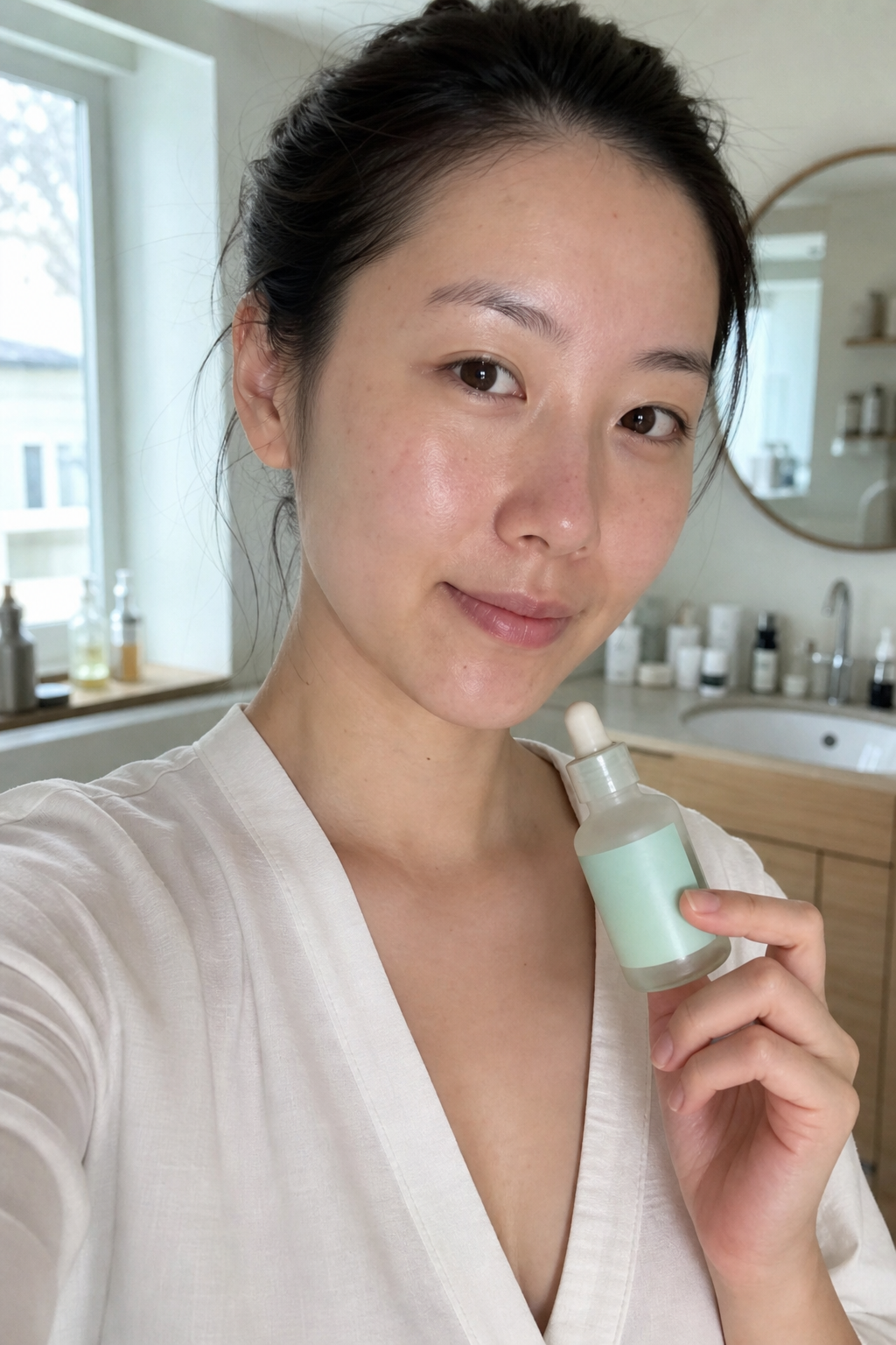 すっぴんでバスルームでCICALM美容液を持つ女性のUGC自撮り