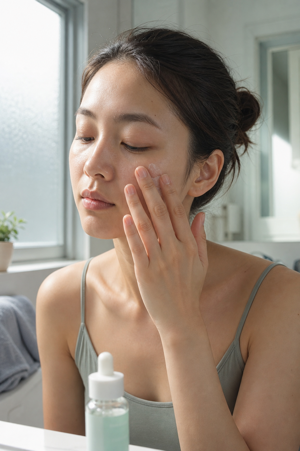 頬にCICALM美容液を塗布する女性のUGCカット